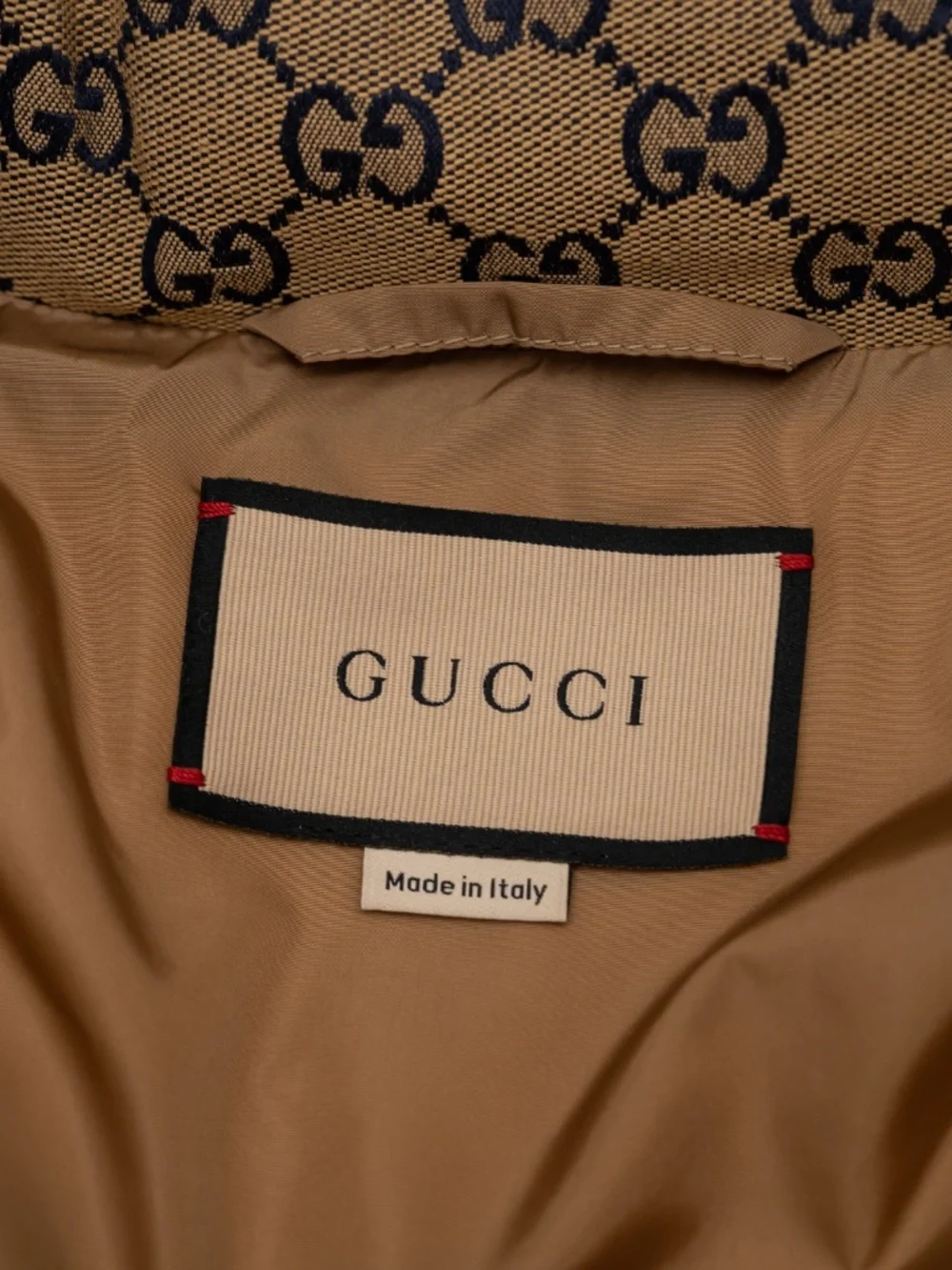 Gucci Men's GG Beige Black Puffer Jacket Canvas Goose Down Hooded  Size 48 M